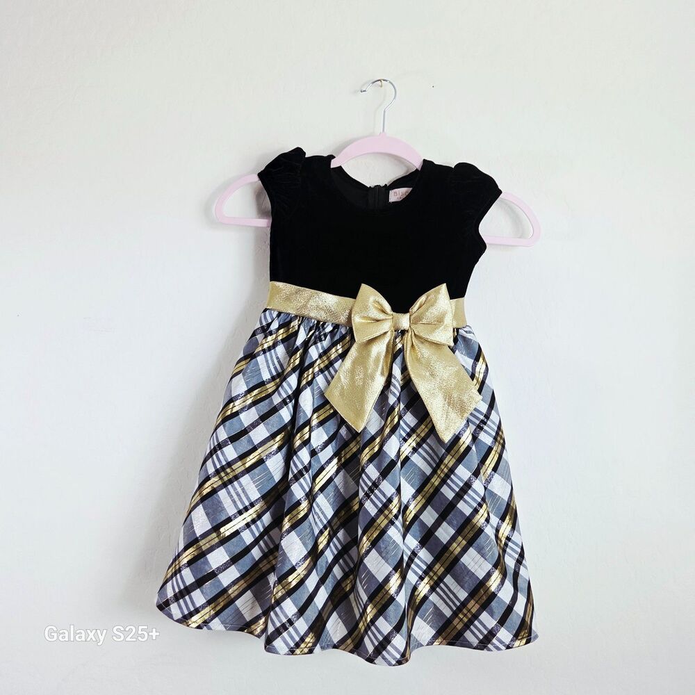 Biscotti Collezioni Girls Holiday Dress Size 5 Black Velvet Gold Plaid